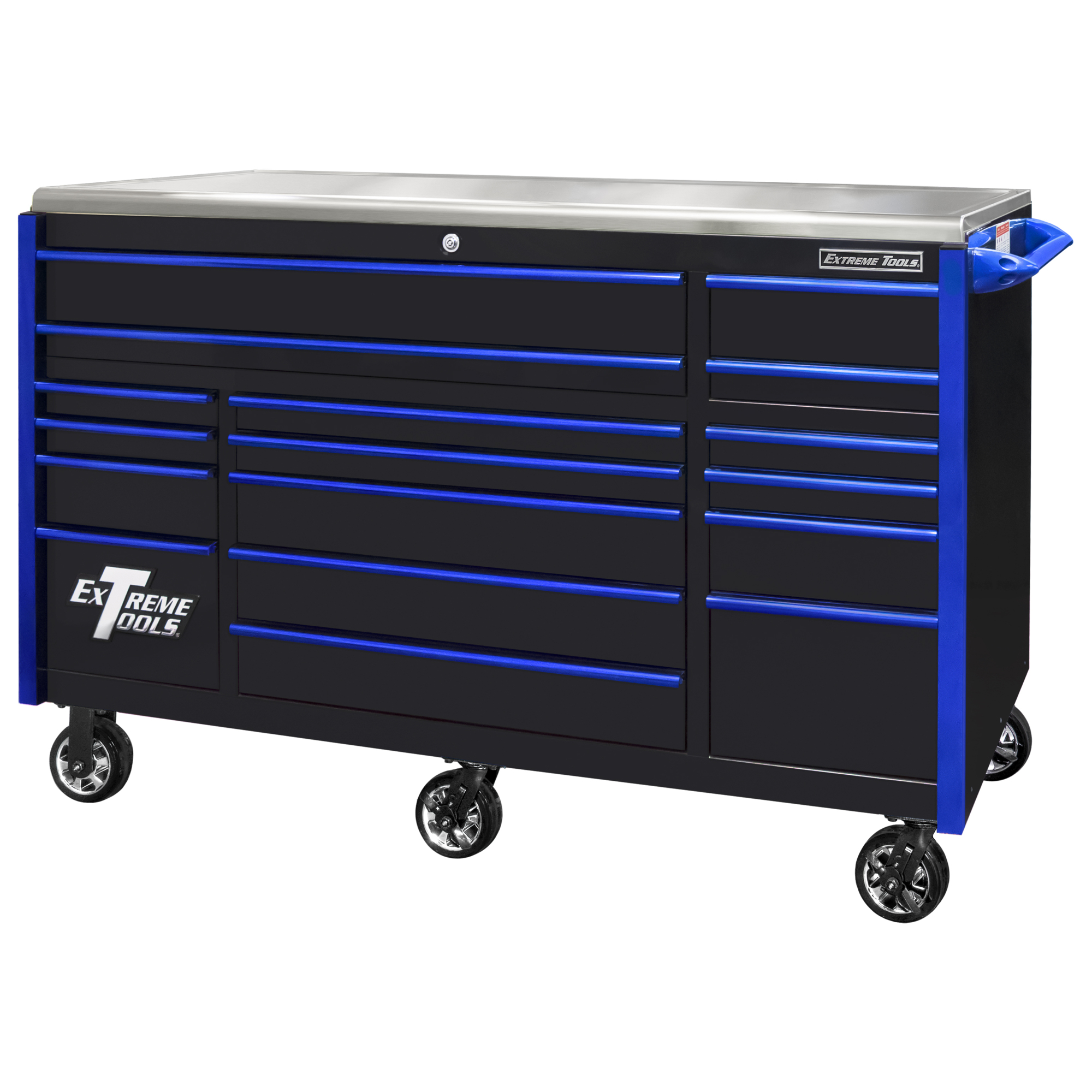 Extreme Tools EXQ Professional Series 17-Drawer Triple Bank Roller Cabinet - 72in.W, Stainless Steel Work Surface, Heavy-Duty Casters, Black/Blue, Model# EX7217RCQBKBL